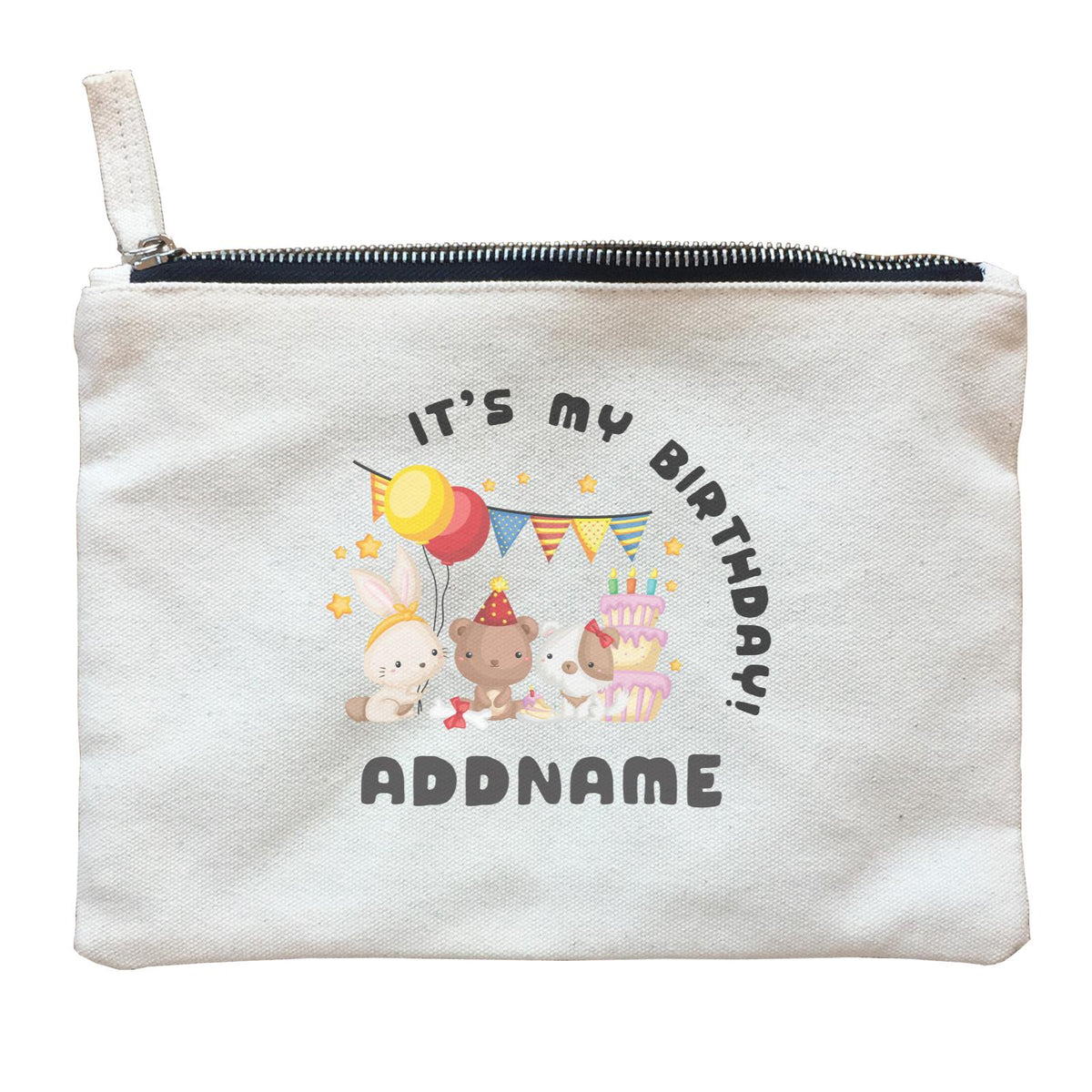Birthday Friendly Animals Rabbit Bear And Dog Party It's My Birthday Addname Zipper Pouch