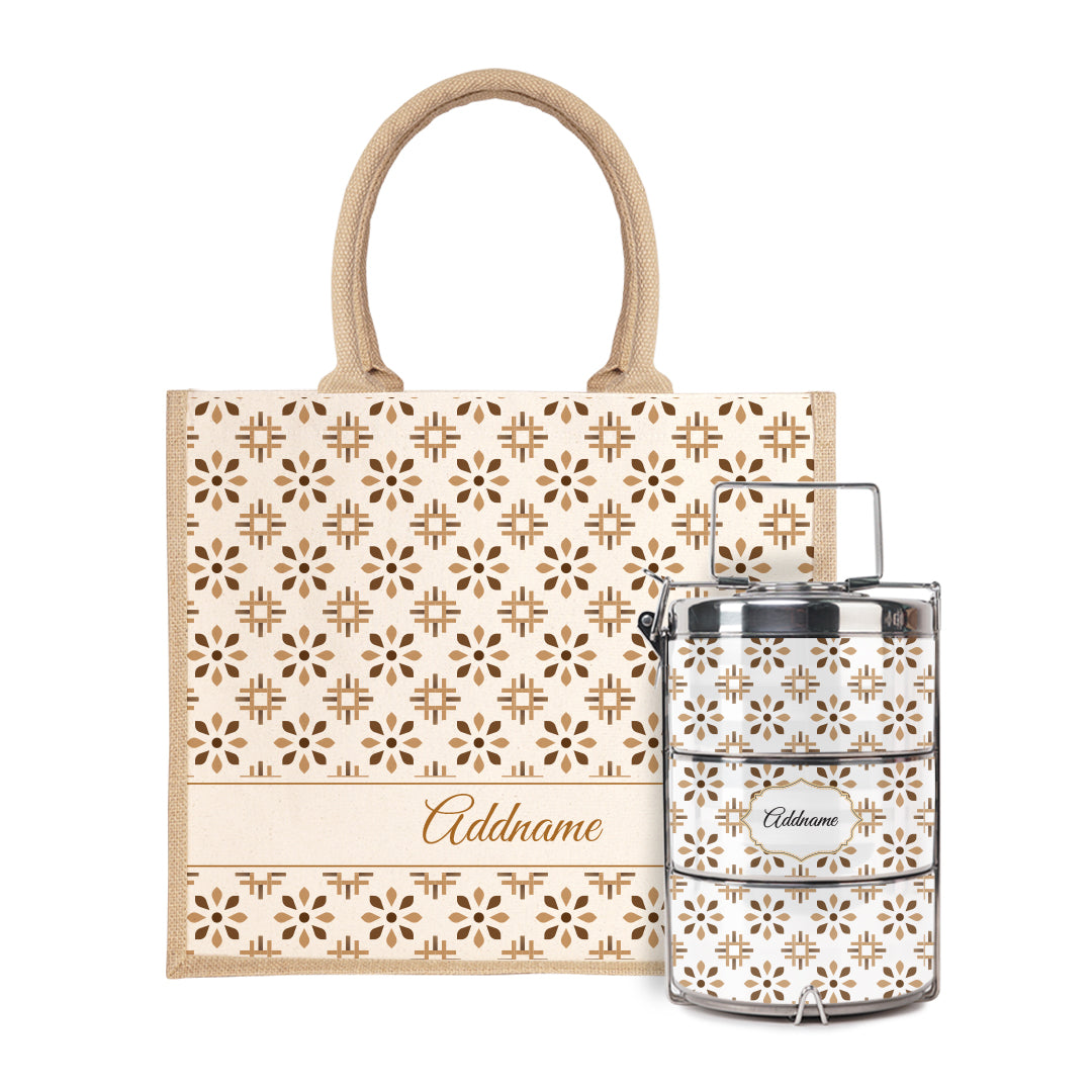 Moroccan Series - Arabesque Tawny Brown Half Lining Jute Bag with Tiffin Carrier