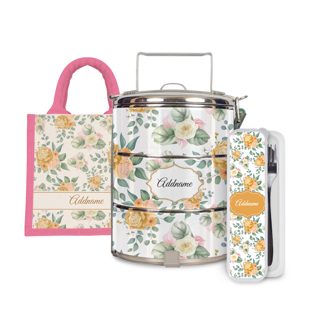 Laura Series - Honey Half Lining Lunch Bag, Tiffin Carrier and Cutlery Set