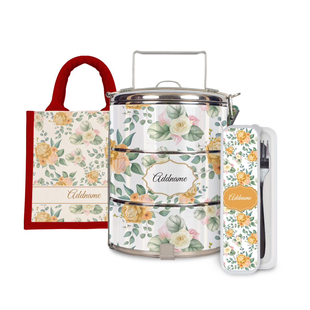 Laura Series - Honey Half Lining Lunch Bag, Tiffin Carrier and Cutlery Set