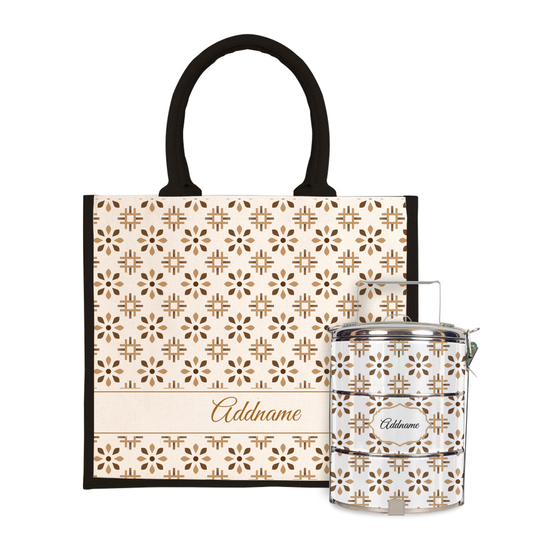 Moroccan Series - Arabesque Tawny Brown Half Lining Jute Bag with Tiffin Carrier