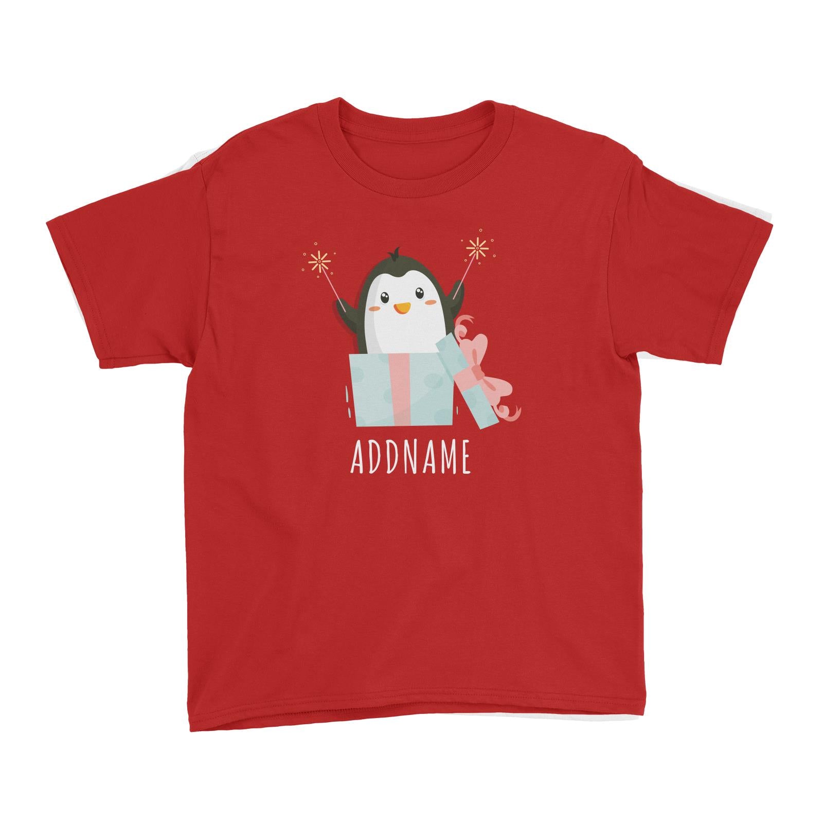 Birthday Cute Penguin Taking Fireworks In Present Box Addname Kid's T-Shirt