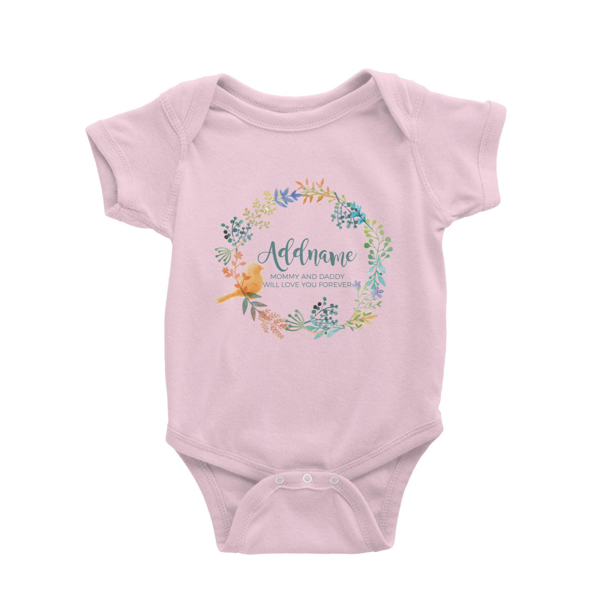 Spring Flower with Bird Wreath Personalizable with Name and Text Baby Romper
