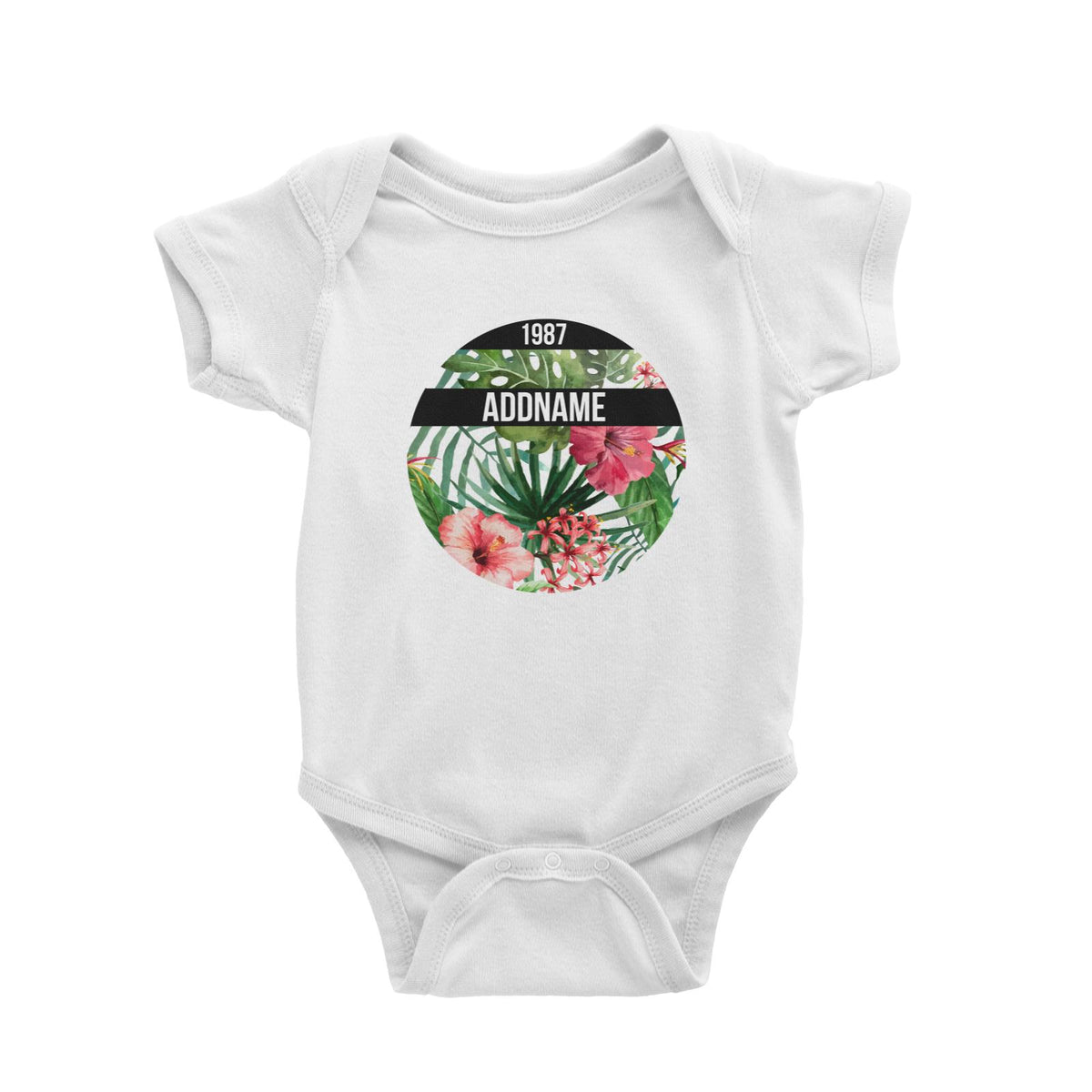 Tropical Leaves With Bunga Raya Personalizable with Name and Year Baby Romper
