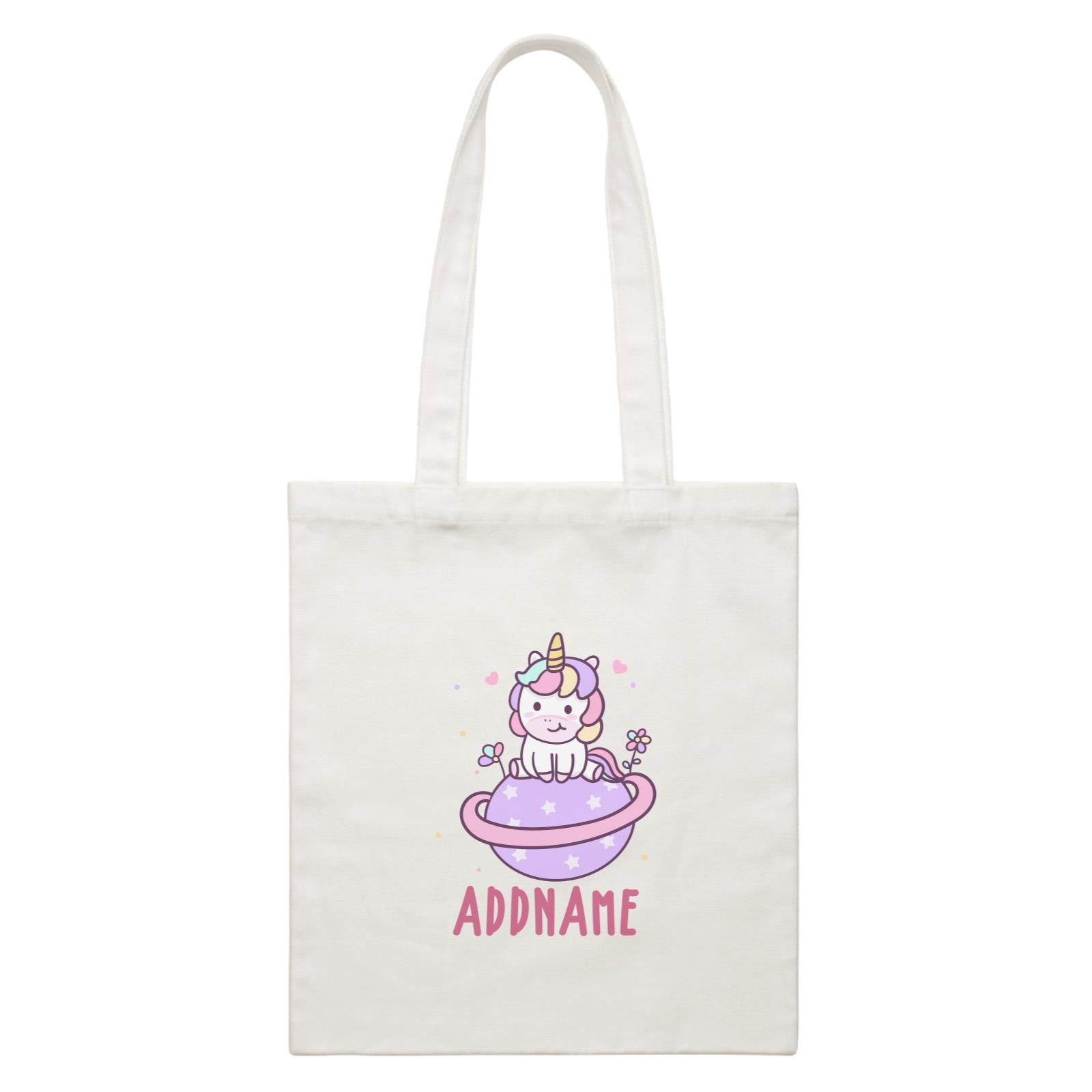 Unicorn And Princess Series Cute Pastel Unicorn Sitting On Planet Addname White Canvas Bag