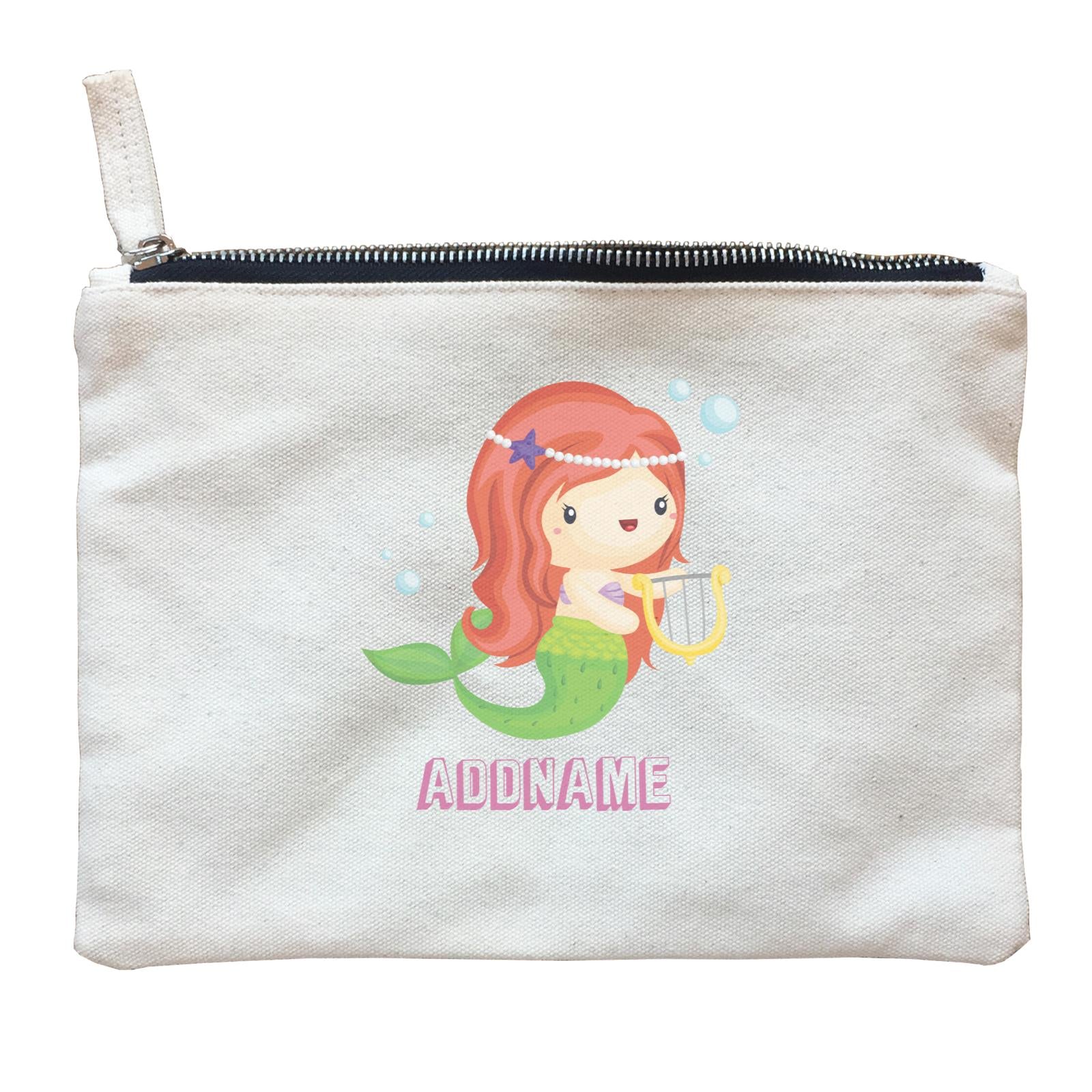 Birthday Mermaid Red Long Hair Mermaid Playing Harp Addname Zipper Pouch