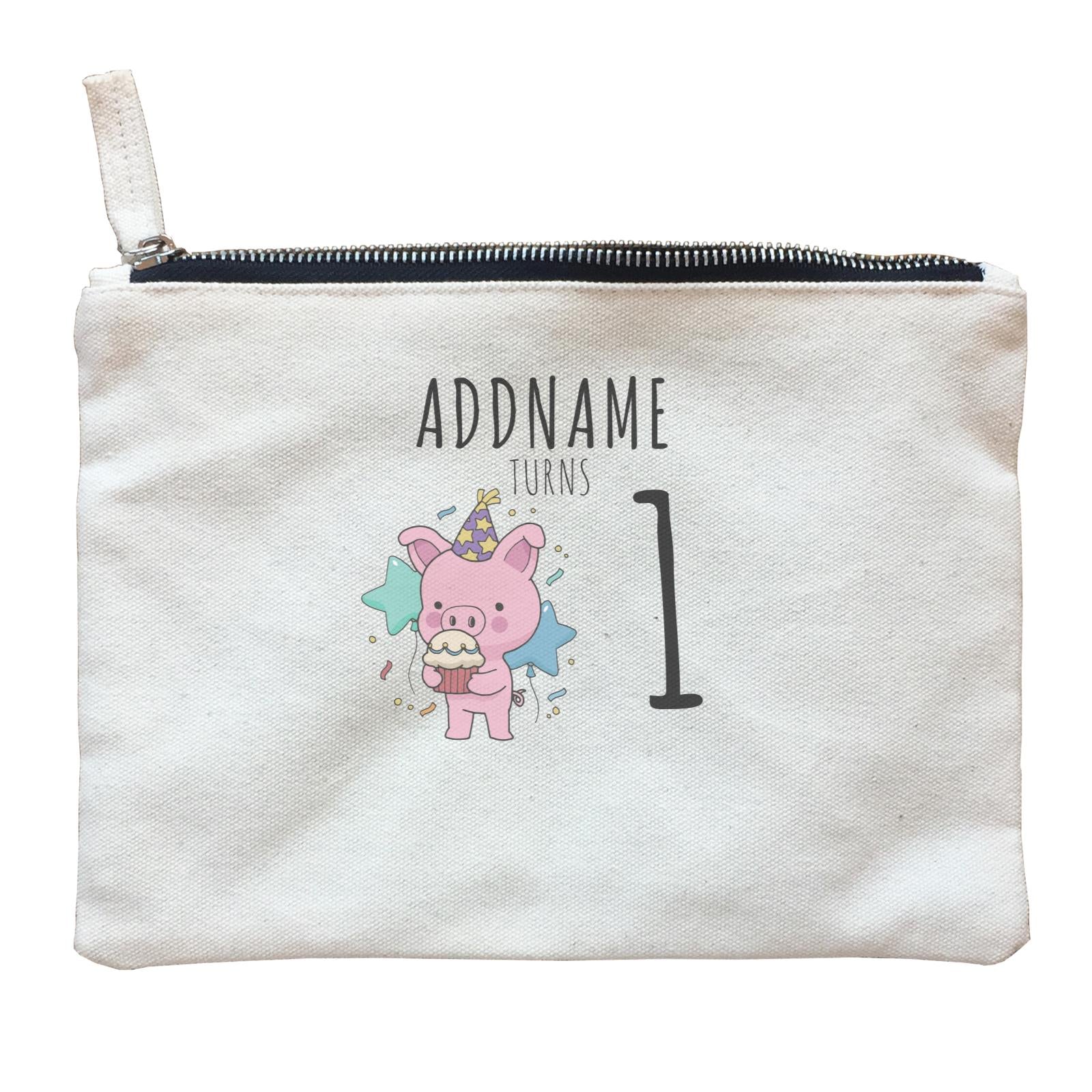 Birthday Sketch Animals Pig with Party Hat Eating Cupcake Addname Turns 1 Zipper Pouch