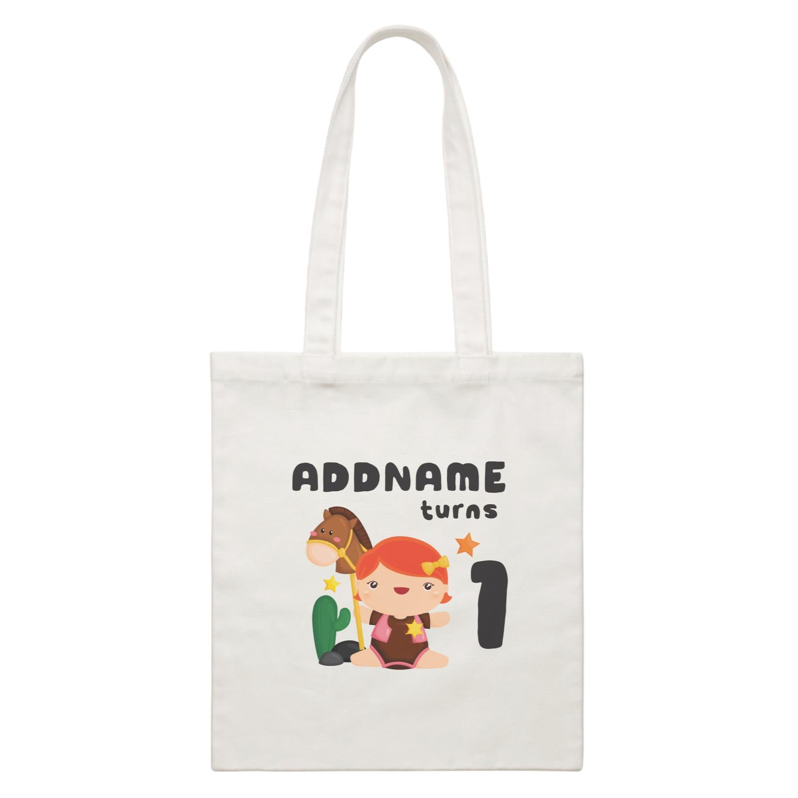 Birthday Cowboy Style Little Cowgirl Holding Toy Horse Addname Turns 1 White Canvas Bag