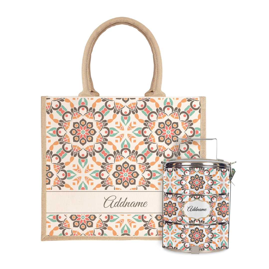 Moroccan Series - Arabesque Geo Brown Half Lining Jute Bag with Tiffin Carrier