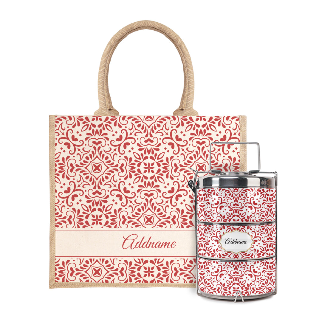 Moroccan Series - Arabesque Rosette Half Lining Jute Bag with Tiffin Carrier