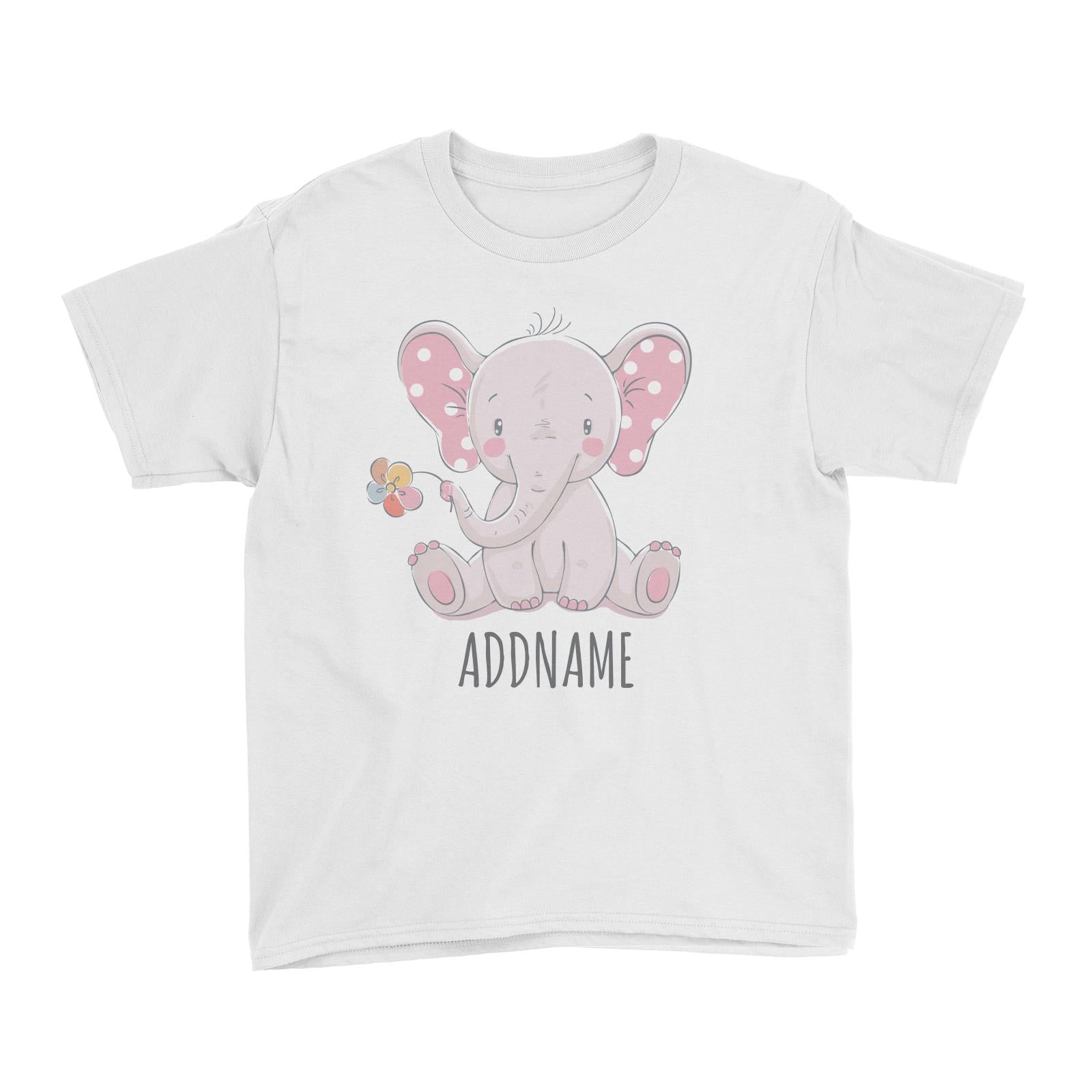 Sitting Girl Elephant with Flower White Kid's T-Shirt Personalizable Designs Cute Sweet Animal For Girls Pinky Newborn HG