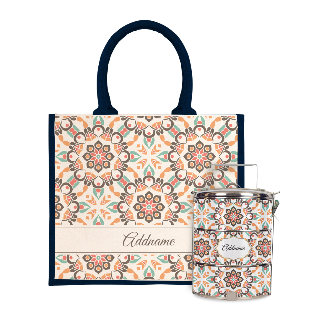 Moroccan Series - Arabesque Geo Brown Half Lining Jute Bag with Tiffin Carrier