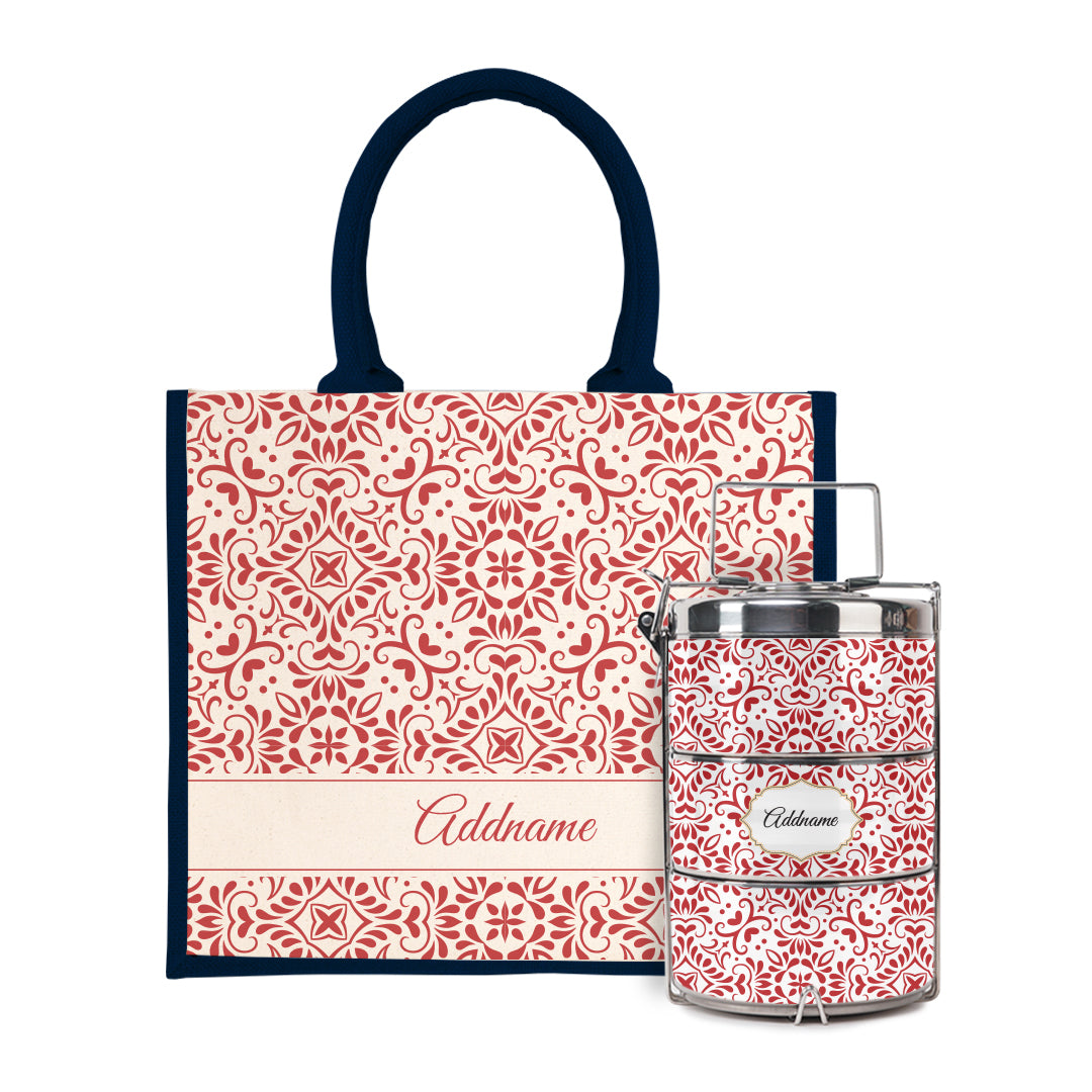 Moroccan Series - Arabesque Rosette Half Lining Jute Bag with Tiffin Carrier