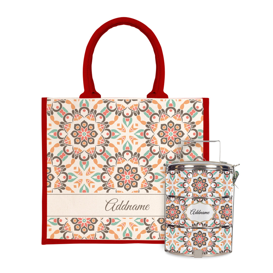 Moroccan Series - Arabesque Geo Brown Half Lining Jute Bag with Tiffin Carrier