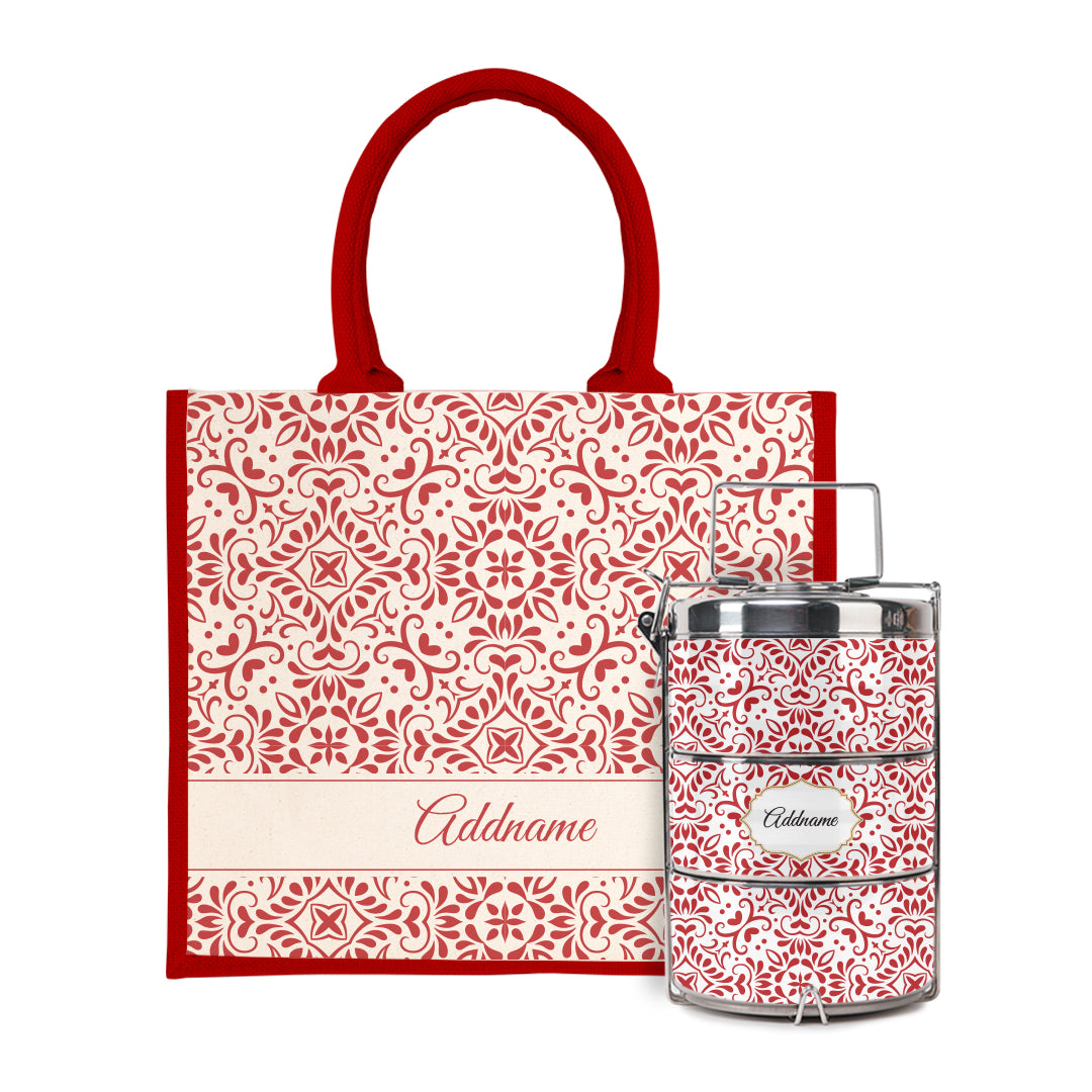 Moroccan Series - Arabesque Rosette Half Lining Jute Bag with Tiffin Carrier