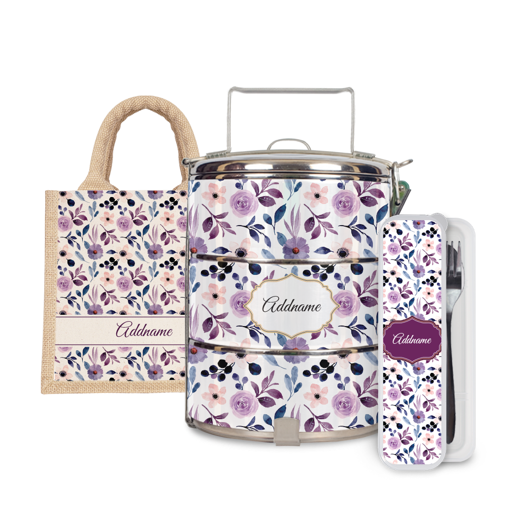 Laura Series - Violet Half Lining Lunch Bag, Tiffin Carrier and Cutlery Set