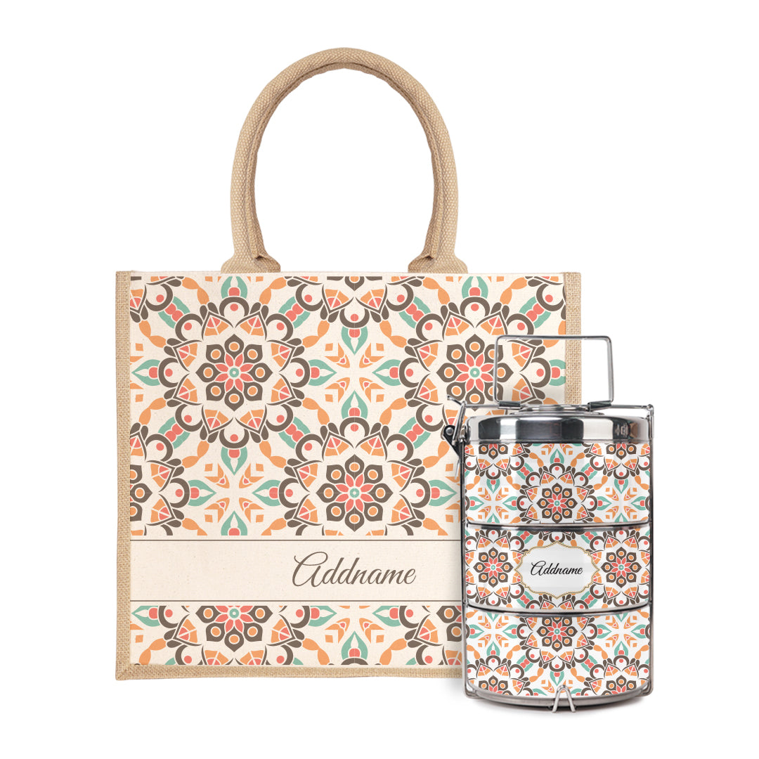 Moroccan Series - Arabesque Geo Brown Half Lining Jute Bag with Tiffin Carrier