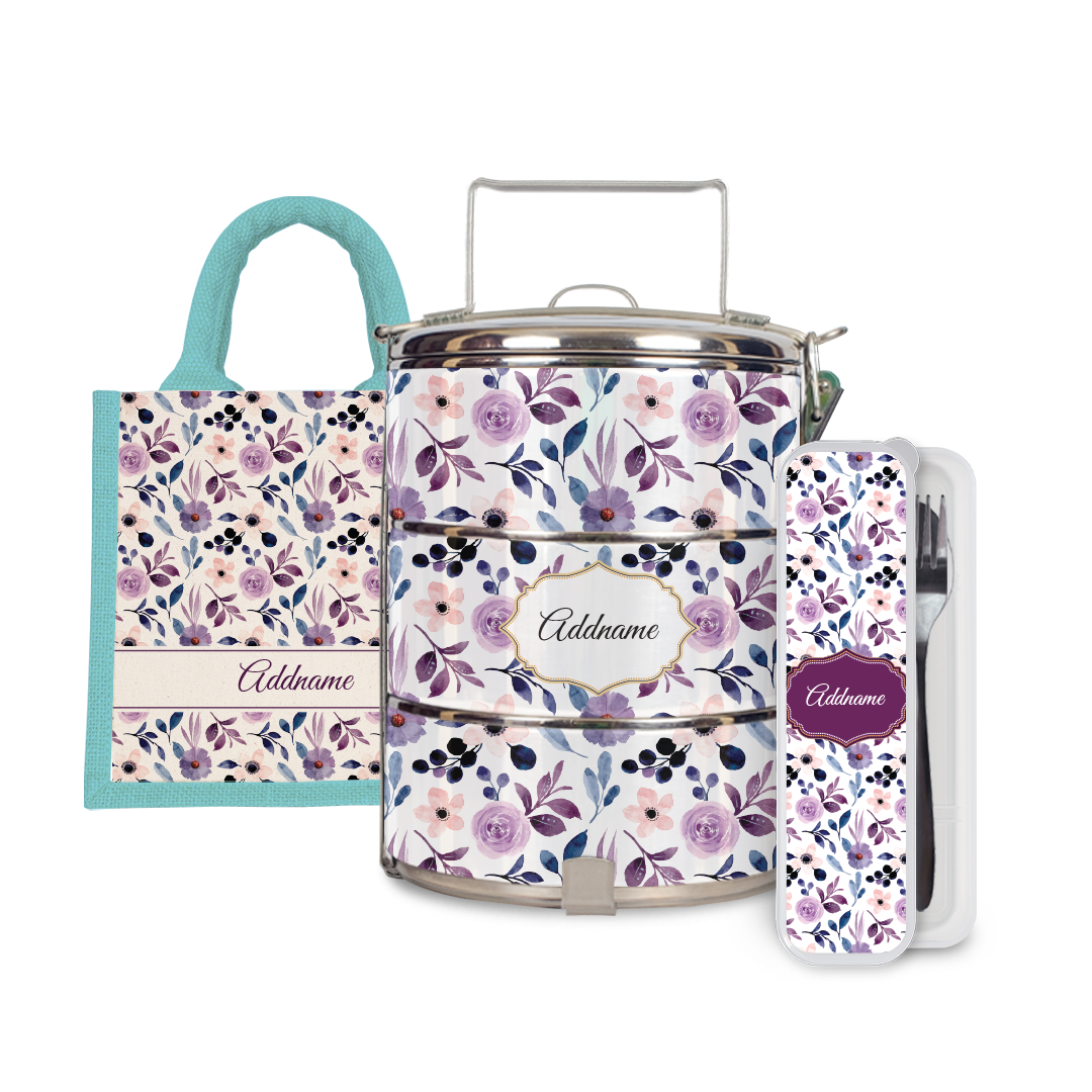Laura Series - Violet Half Lining Lunch Bag, Tiffin Carrier and Cutlery Set