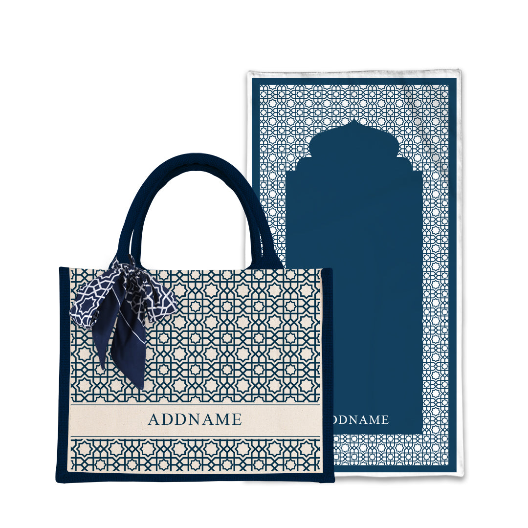 Annas Series - Prussian Blue  Prayer Mat with Navy Half Lining Small Canvas Bag