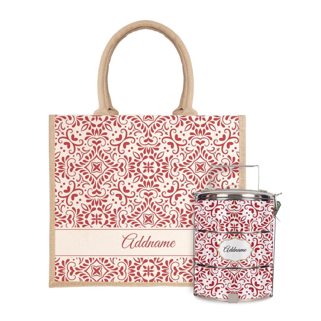 Moroccan Series - Arabesque Rosette Half Lining Jute Bag with Tiffin Carrier