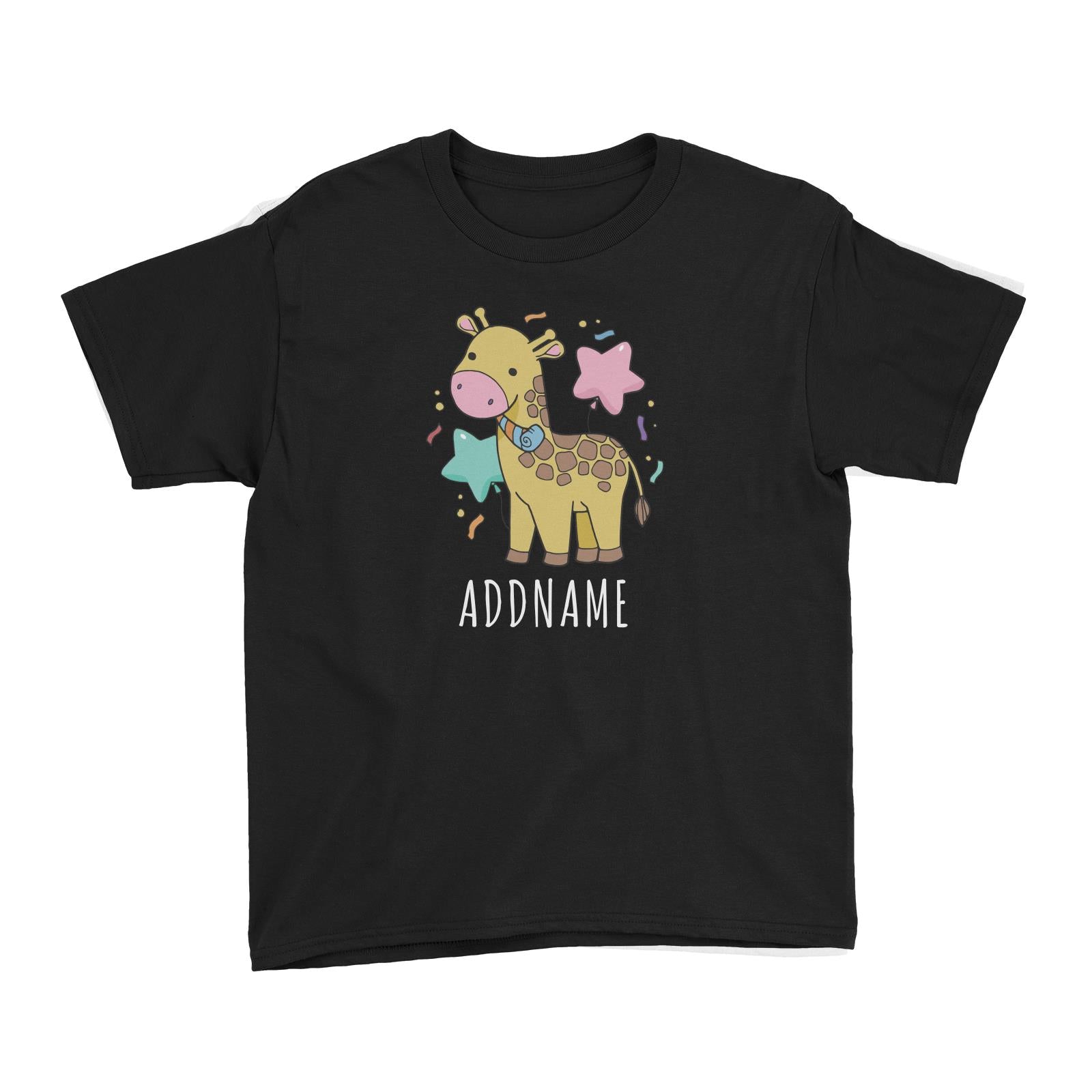 Birthday Sketch Animals Giraffe with Party Horn Addname Kid's T-Shirt