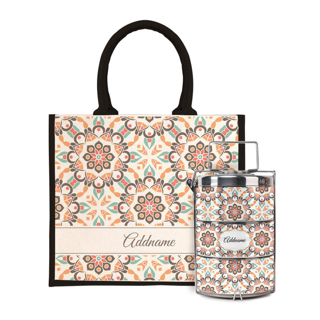 Moroccan Series - Arabesque Geo Brown Half Lining Jute Bag with Tiffin Carrier