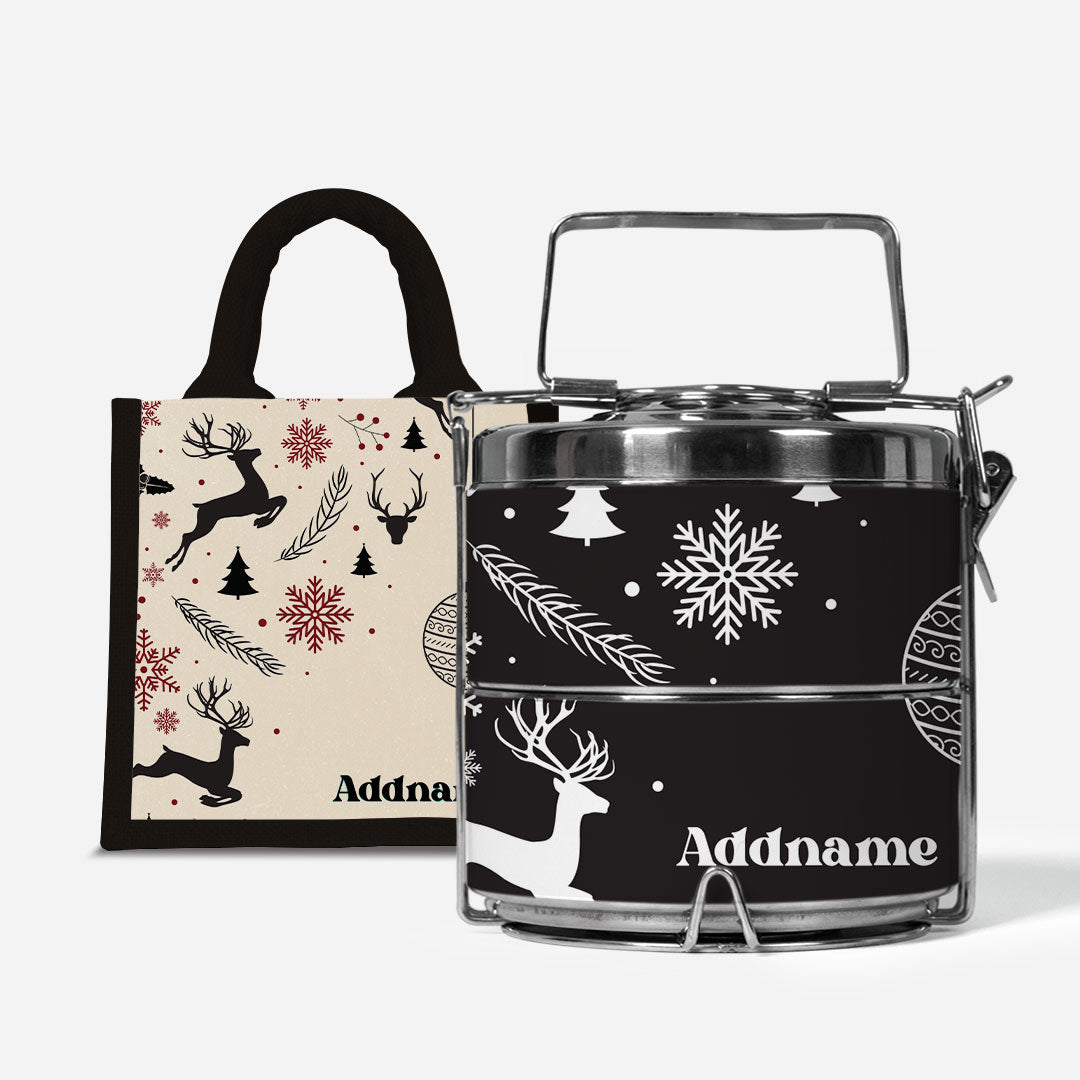 Christmas Series Premium Two Tier Tiffin  with Half Lining Lunch Bag Jubilant Reindeers Black