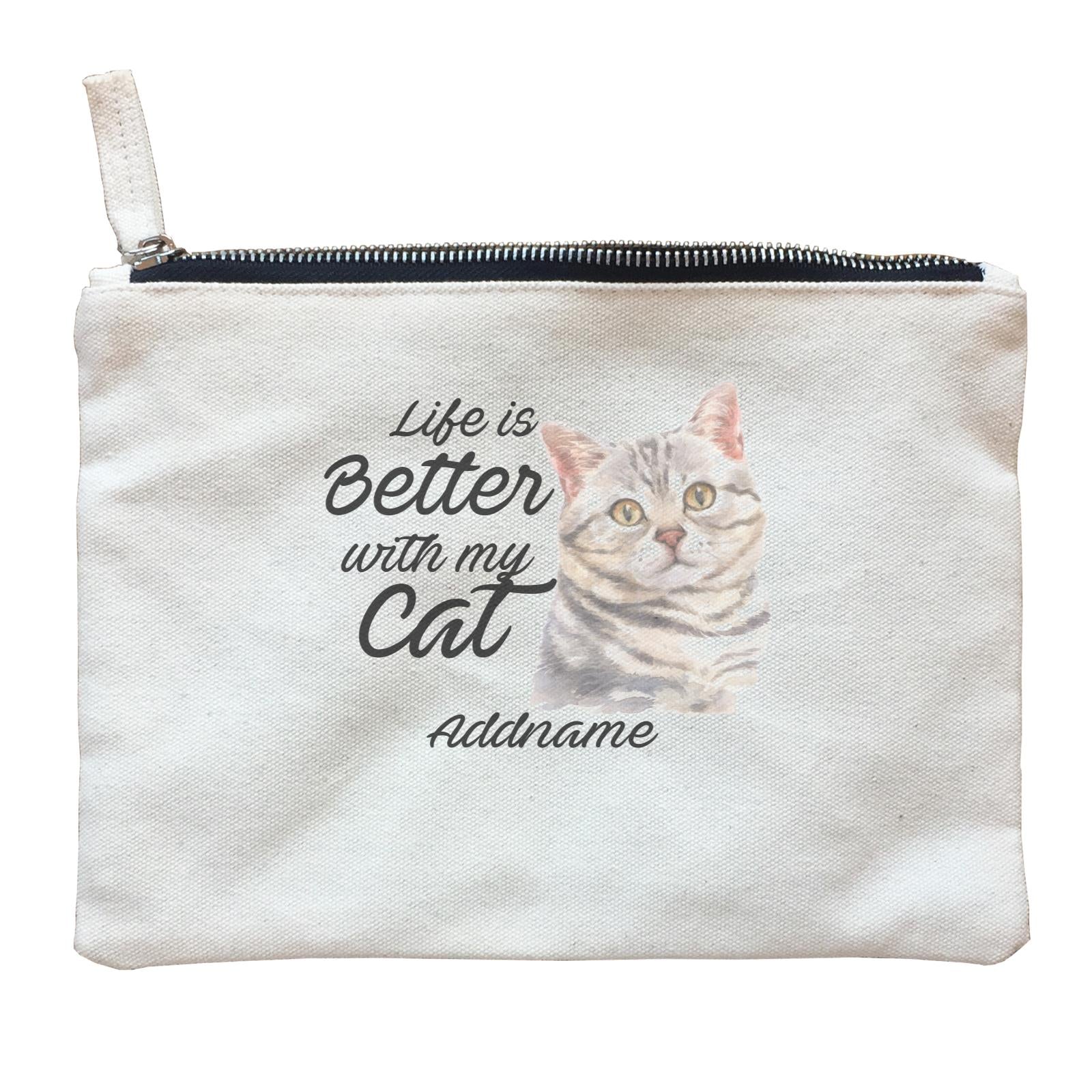 Watercolor Life is Better With My Cat Grey American Shorthair Addname Zipper Pouch