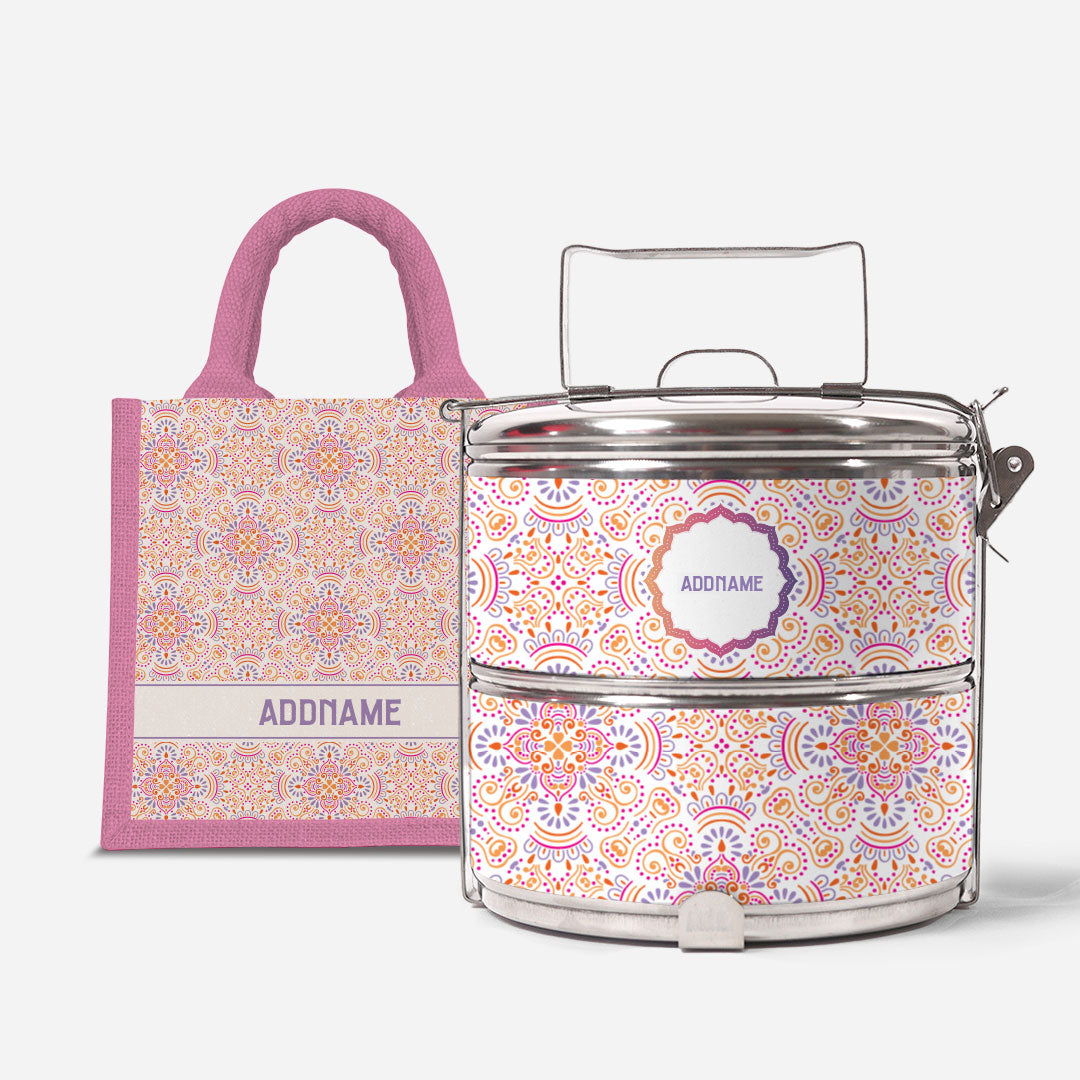 Pookal Series Standard Two Tier Tiffin with Half Lining Lunch Bag - Triumph Light Pink
