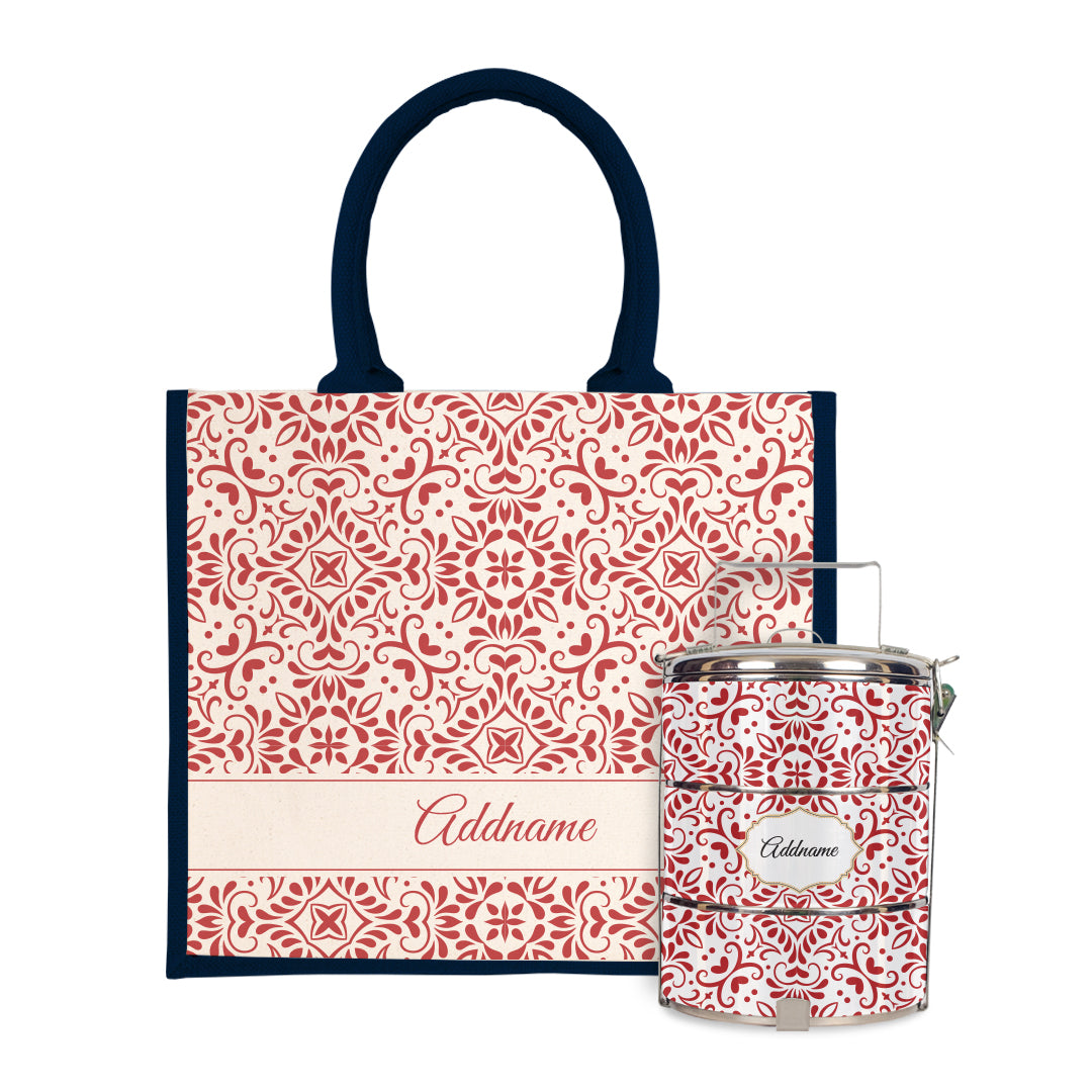 Moroccan Series - Arabesque Rosette Half Lining Jute Bag with Tiffin Carrier