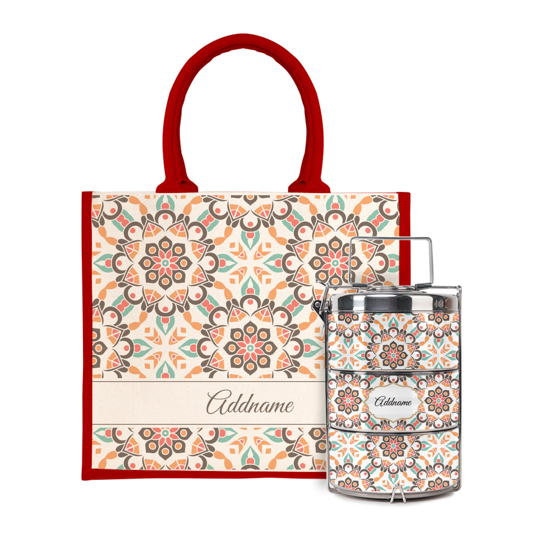 Moroccan Series - Arabesque Geo Brown Half Lining Jute Bag with Tiffin Carrier