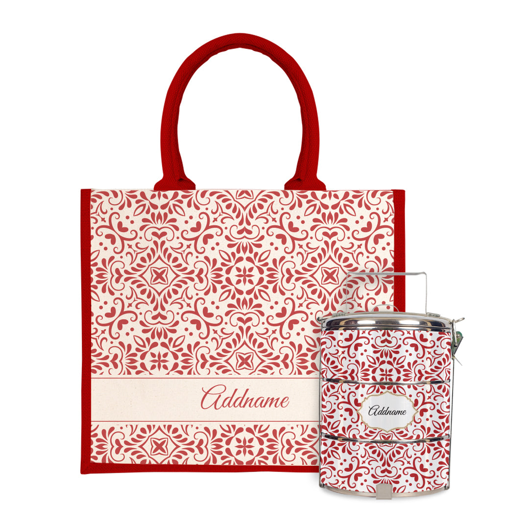 Moroccan Series - Arabesque Rosette Half Lining Jute Bag with Tiffin Carrier