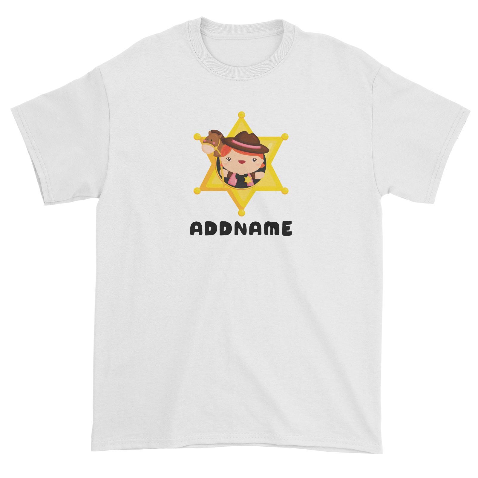 Birthday Cowboy Style Little Cowgirl Holding Toy Horse In Star Badge Addname Unisex T-Shirt
