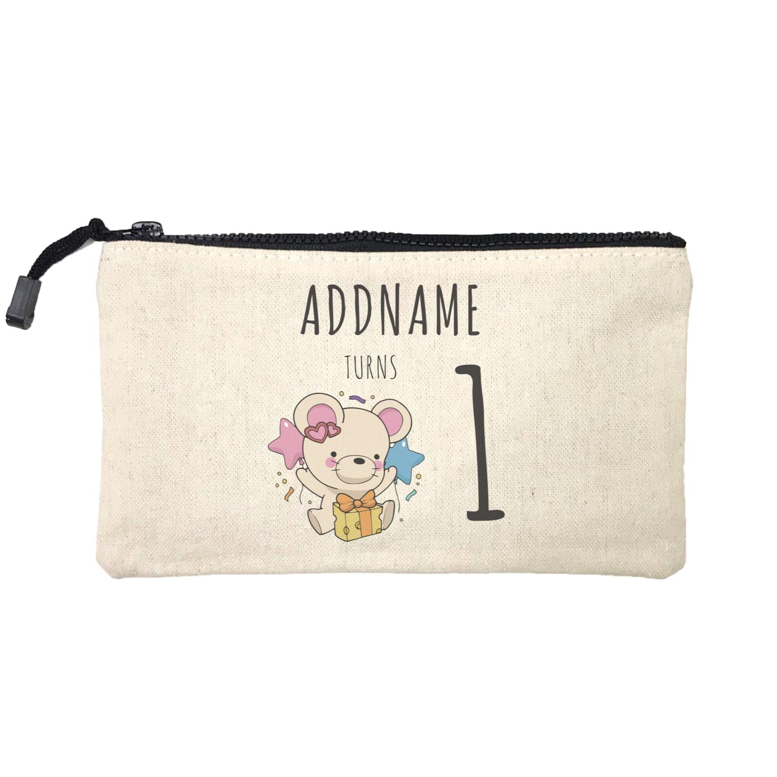 Birthday Sketch Animals Mouse with Cheese Present Addname Turns 1 Mini Accessories Stationery Pouch