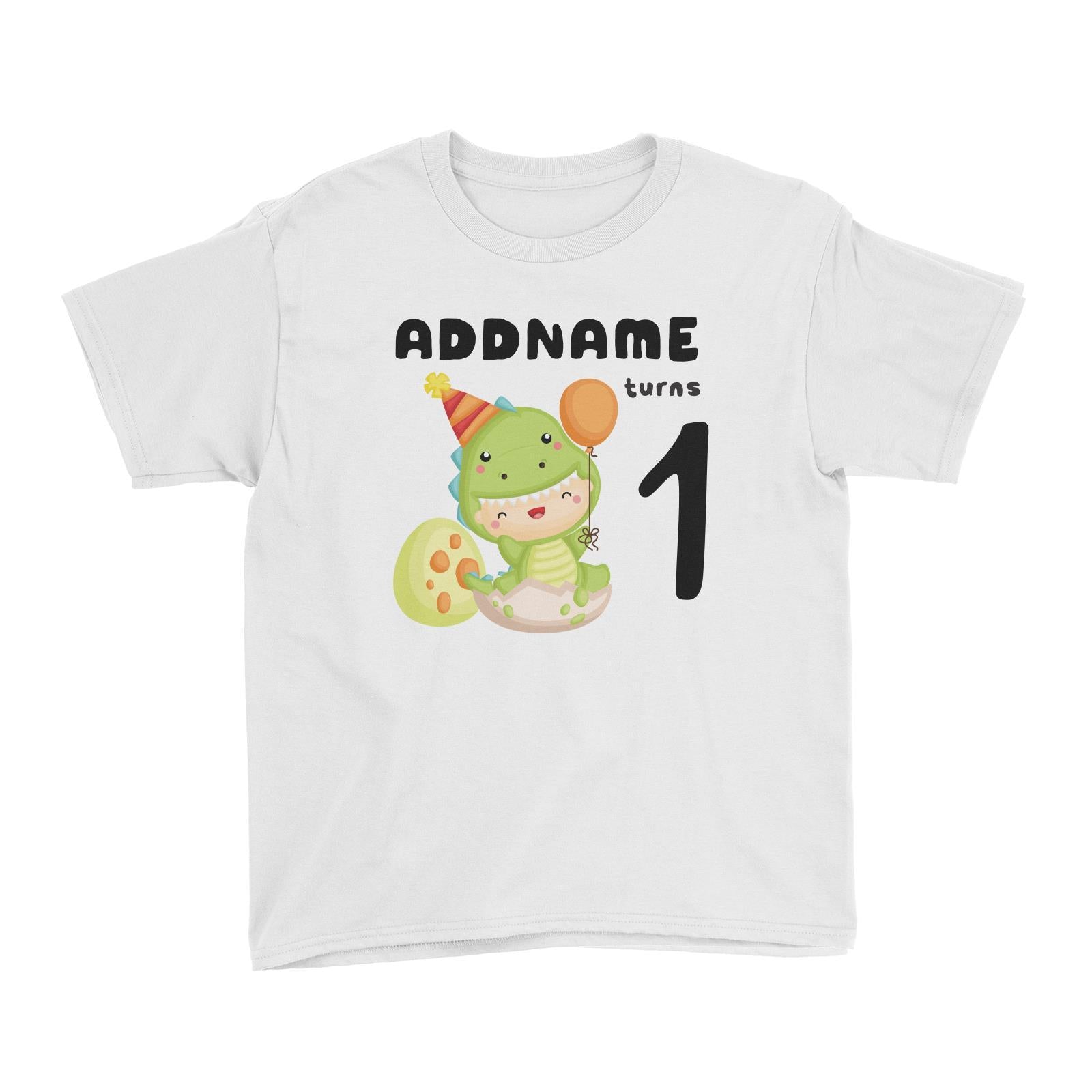 Birthday Dinosaur Happy Baby Wearing Dinosaur Suit Addname Turns 1 Kid's T-Shirt