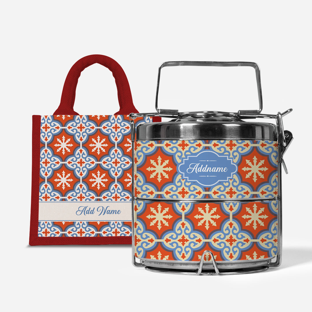 Moroccan Series Premium Two Tier Tiffin With Half Lining Lunch Bag  - Cherqi Red