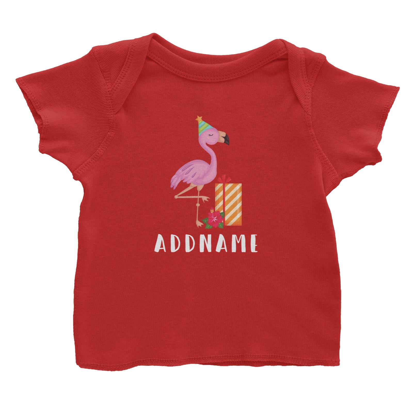 Birthday Hawaii Flamigo Wearing Party Hat With Present And Hibiscus Addname Baby T-Shirt