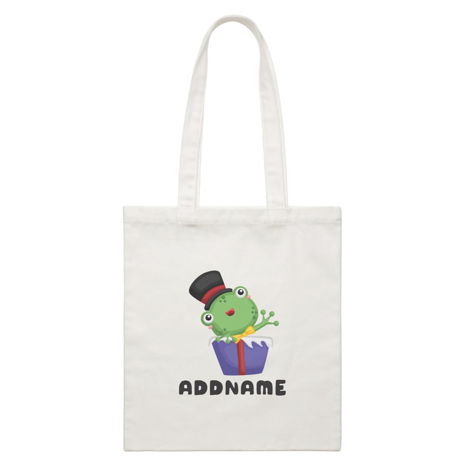 Birthday Frog Frog Wearing Hat Inside Present Box Addname White Canvas Bag