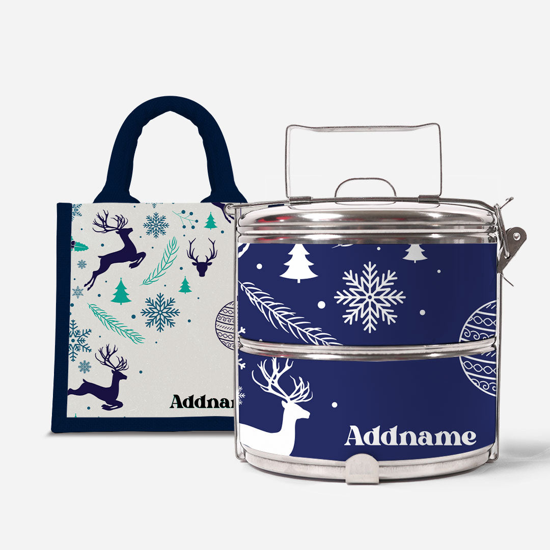 Christmas Series Standard Two Tier Tiffin  with Half Lining Lunch Bag Jubilant Reindeers Navy