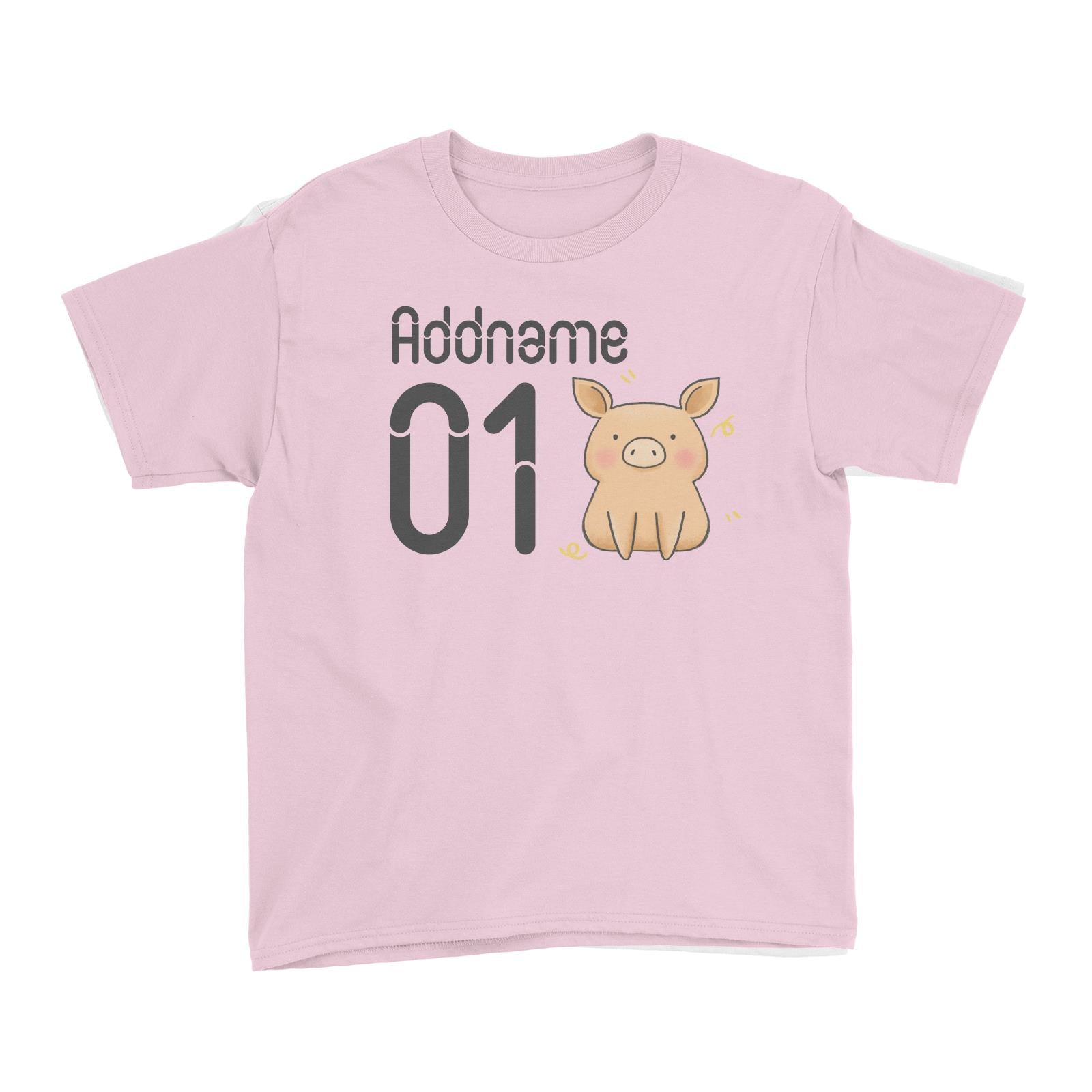Name and Number Cute Hand Drawn Style Pig Kid's T-Shirt