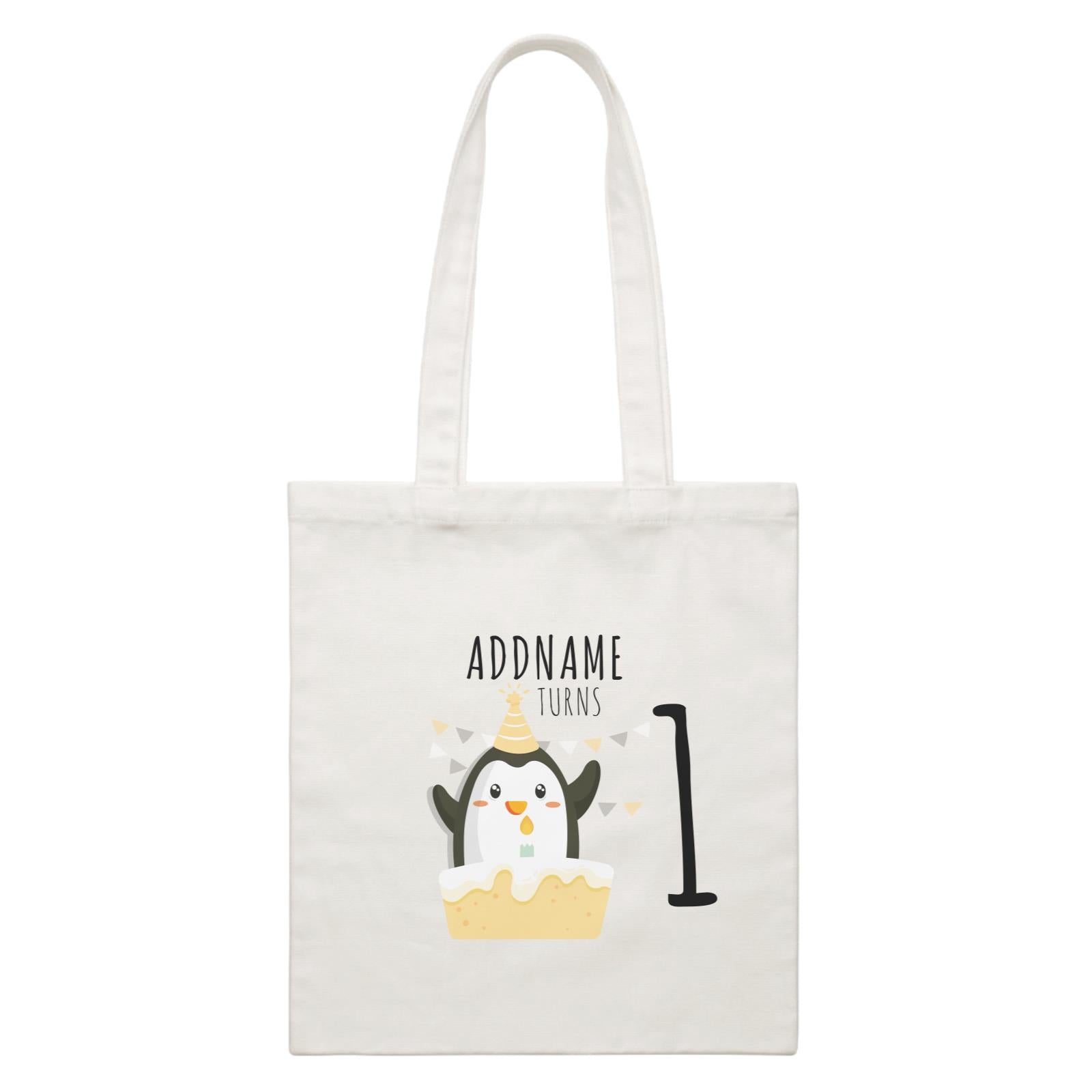 Birthday Cute Penguin And Cake Addname Turns 1 White Canvas Bag