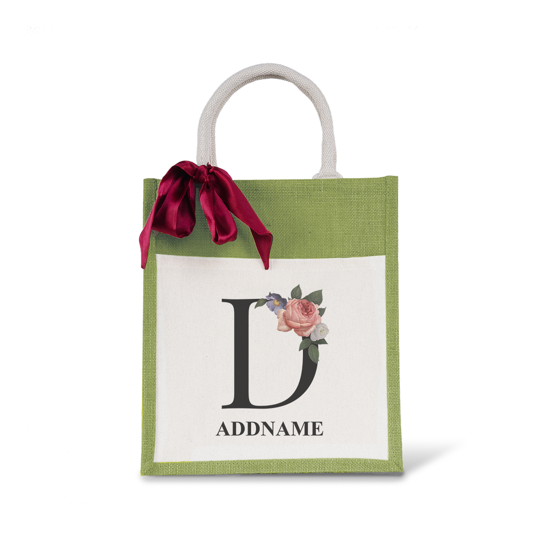 Myra Floral Series Olive Green Colourful Jute Bag With Front Pocket