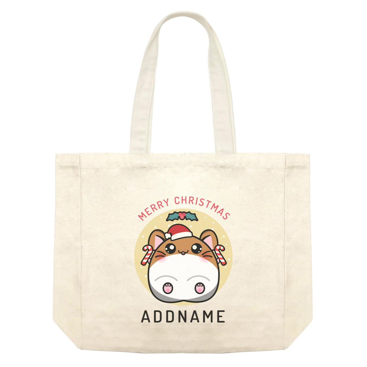 Merry Christmas Cute Santa Boy Hamster with Candy Cane Shopping Bag