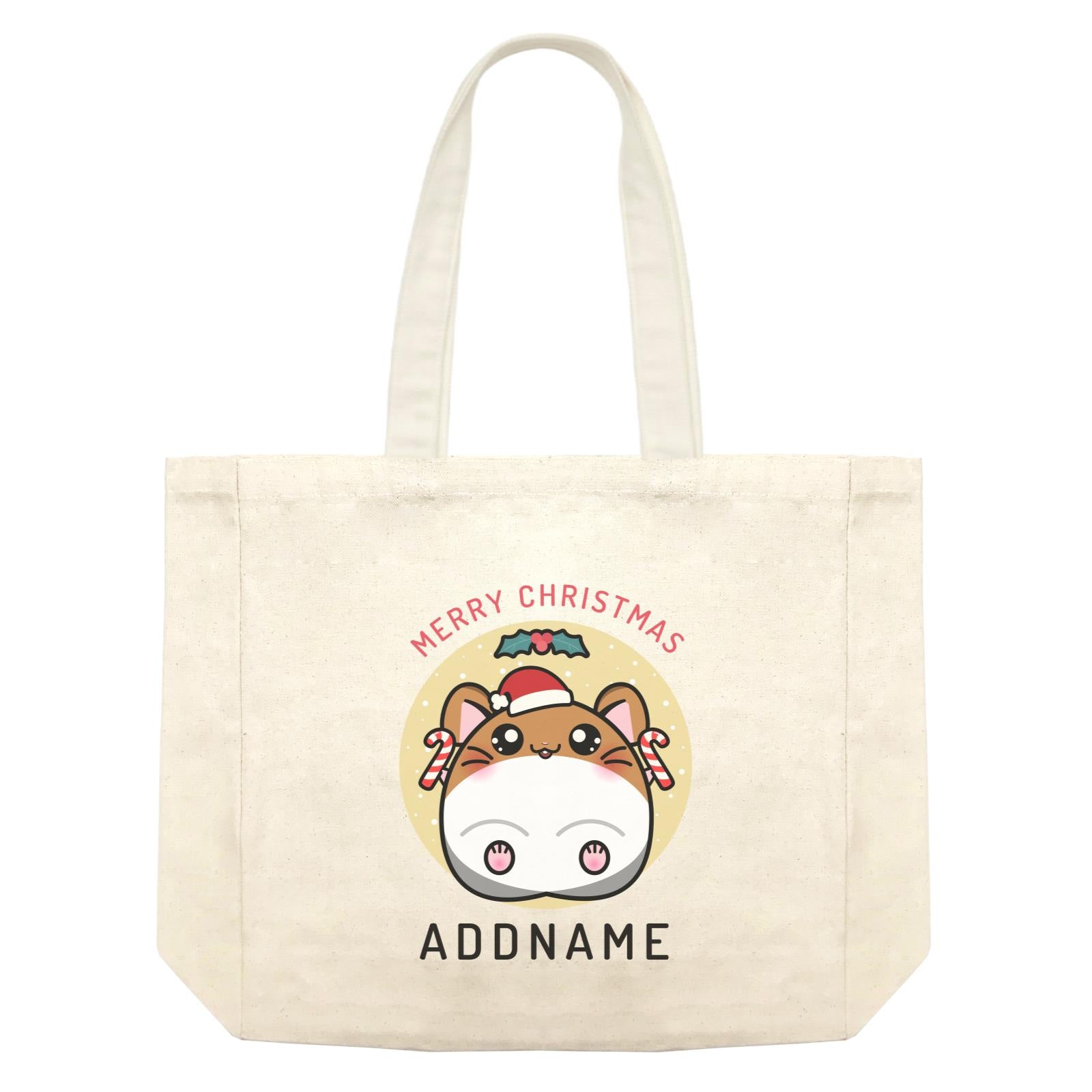 Merry Christmas Cute Santa Boy Hamster with Candy Cane Shopping Bag
