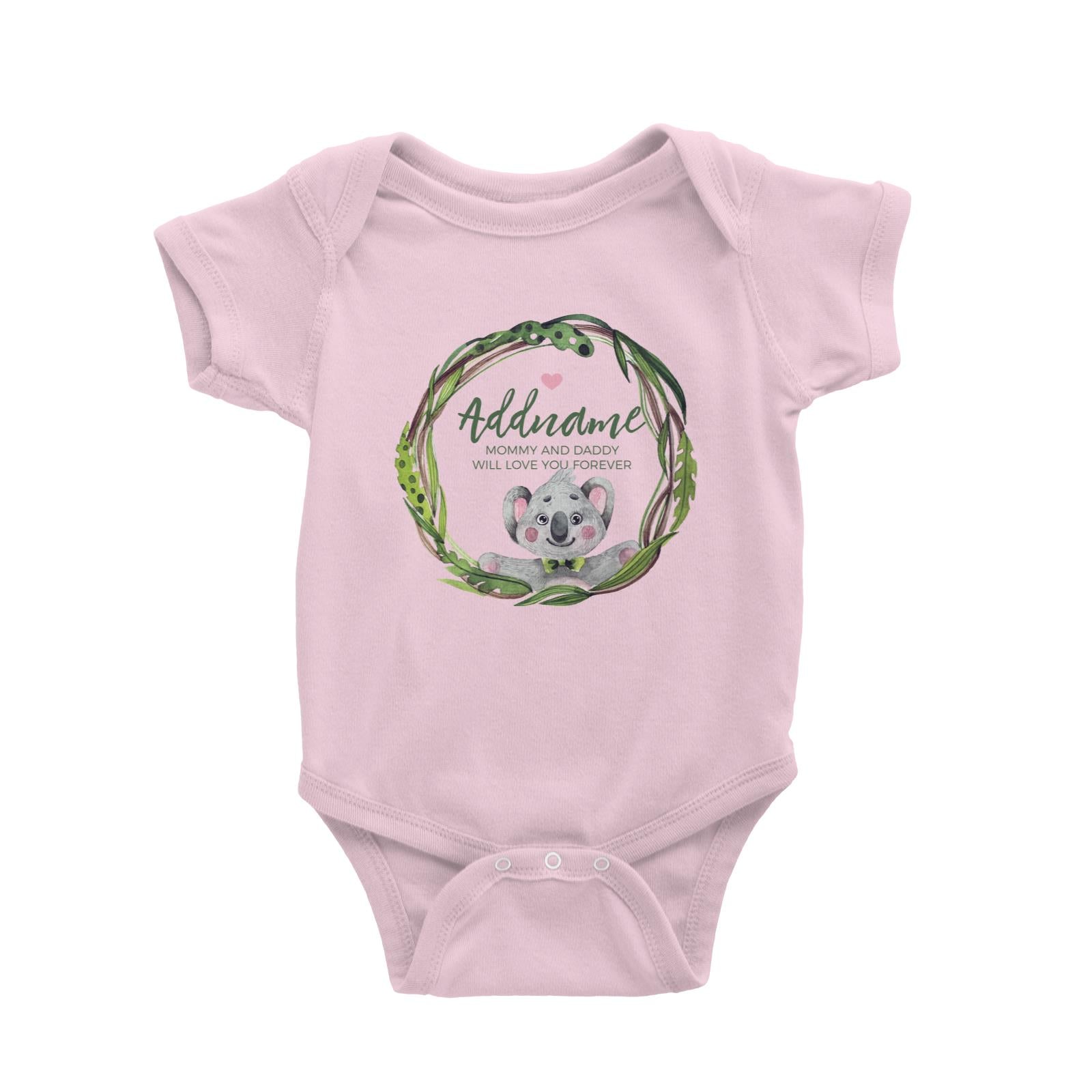 Watercolour Pink Koala Green Leaves Wreath Personalizable with Name and Text Baby Romper