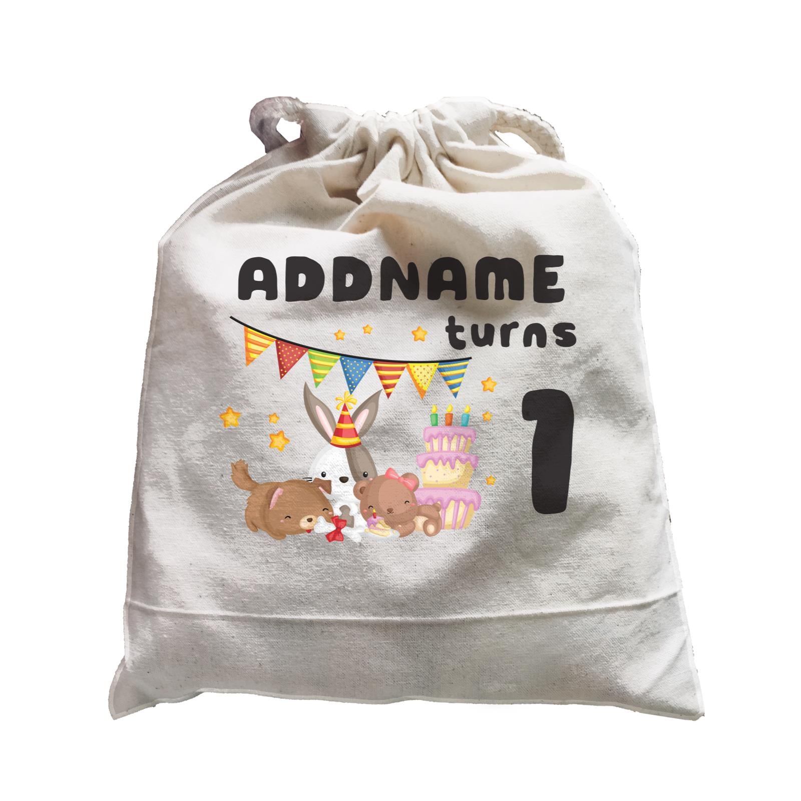 Birthday Friendly Animals Rabbit Bear And Dog Party Eating Cake Addname Turns 1 Satchel