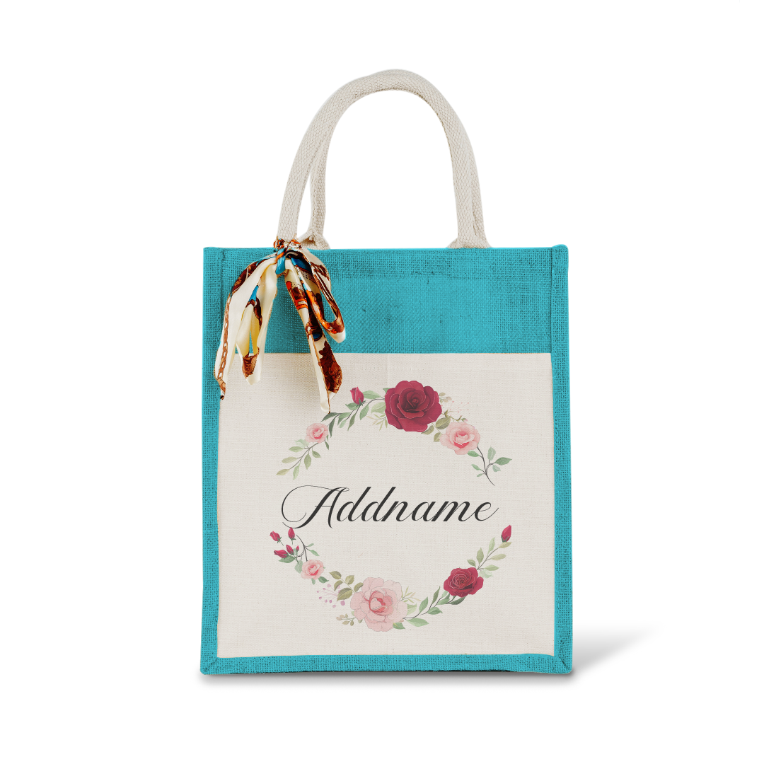 Luxurious Flower Wreath Colourful Jute Bag With Front Pocket