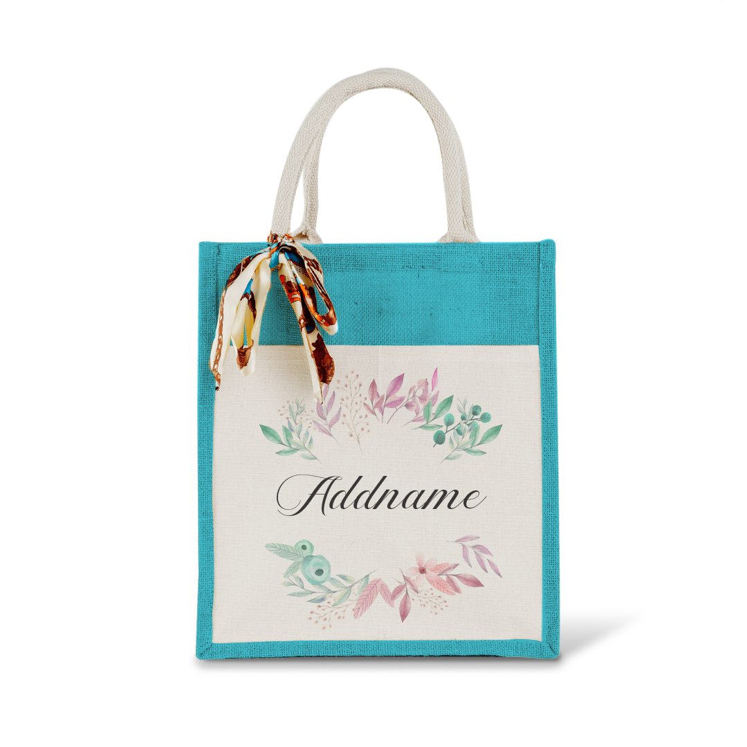 Flower Wreath With Leaves Colourful Jute Bag With Front Pocket