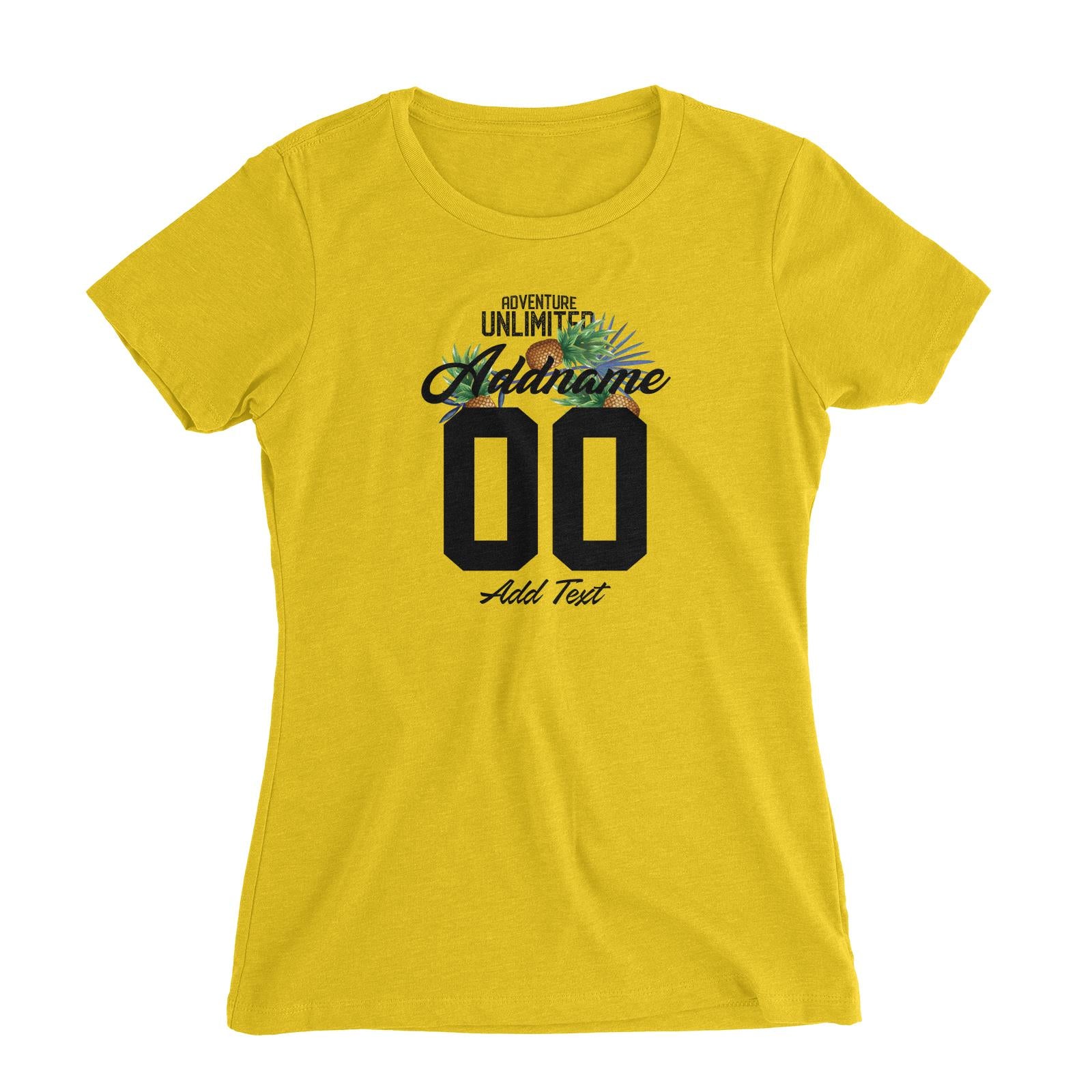 Adventure Unlimited with Pineapples Personalizable with Name Number and Text Women's Slim Fit T-Shirt