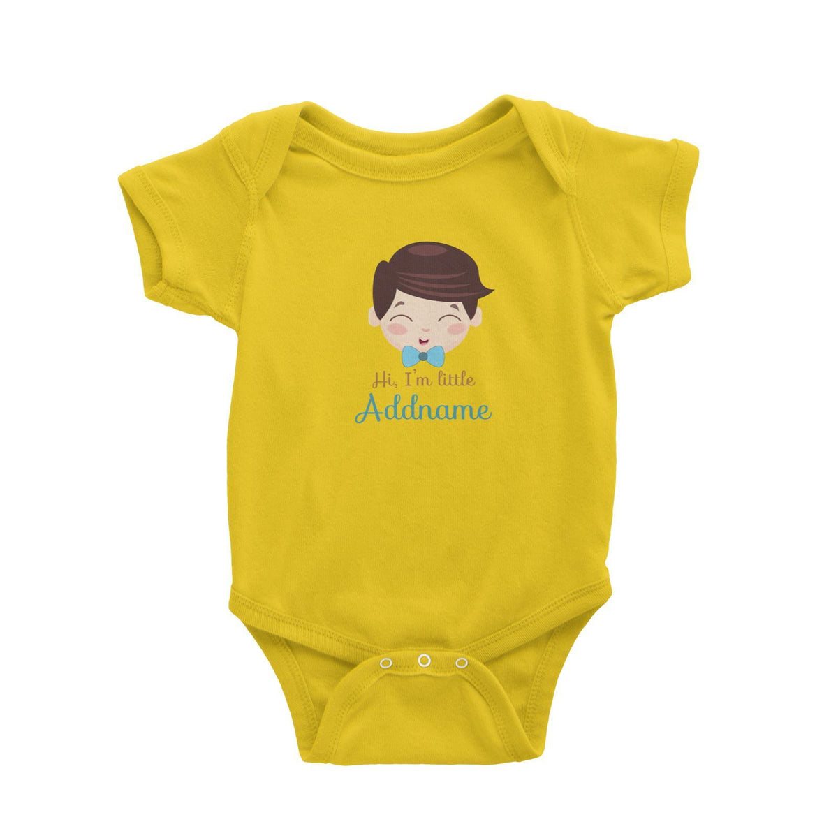 Cute Boy with Blue Bow Hi I Am Little Addname Baby Romper